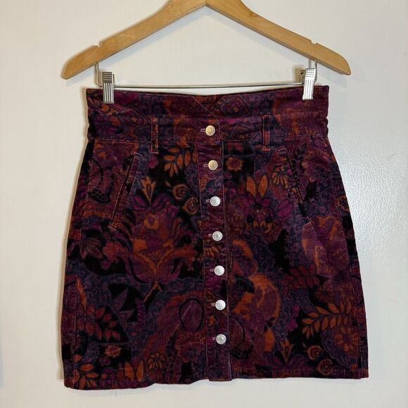 Pilcro Women’s 8 Corduroy High-Waisted Mini Skirt – Paisley Print, Button Front - Picture 1 of 8